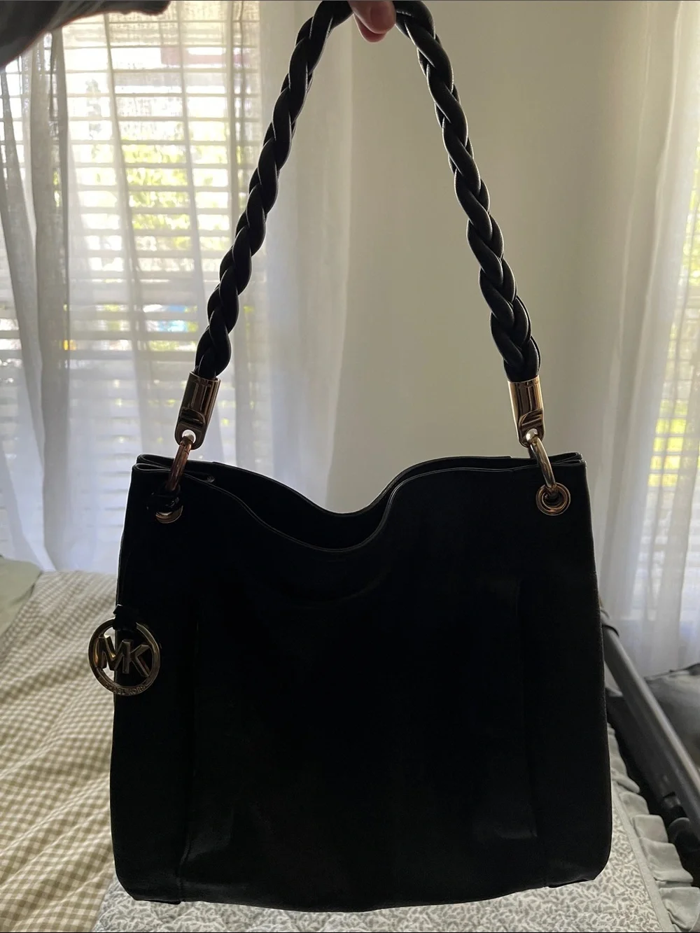 Michael Kors Naomi black pebbled leather tote bag with braided strap